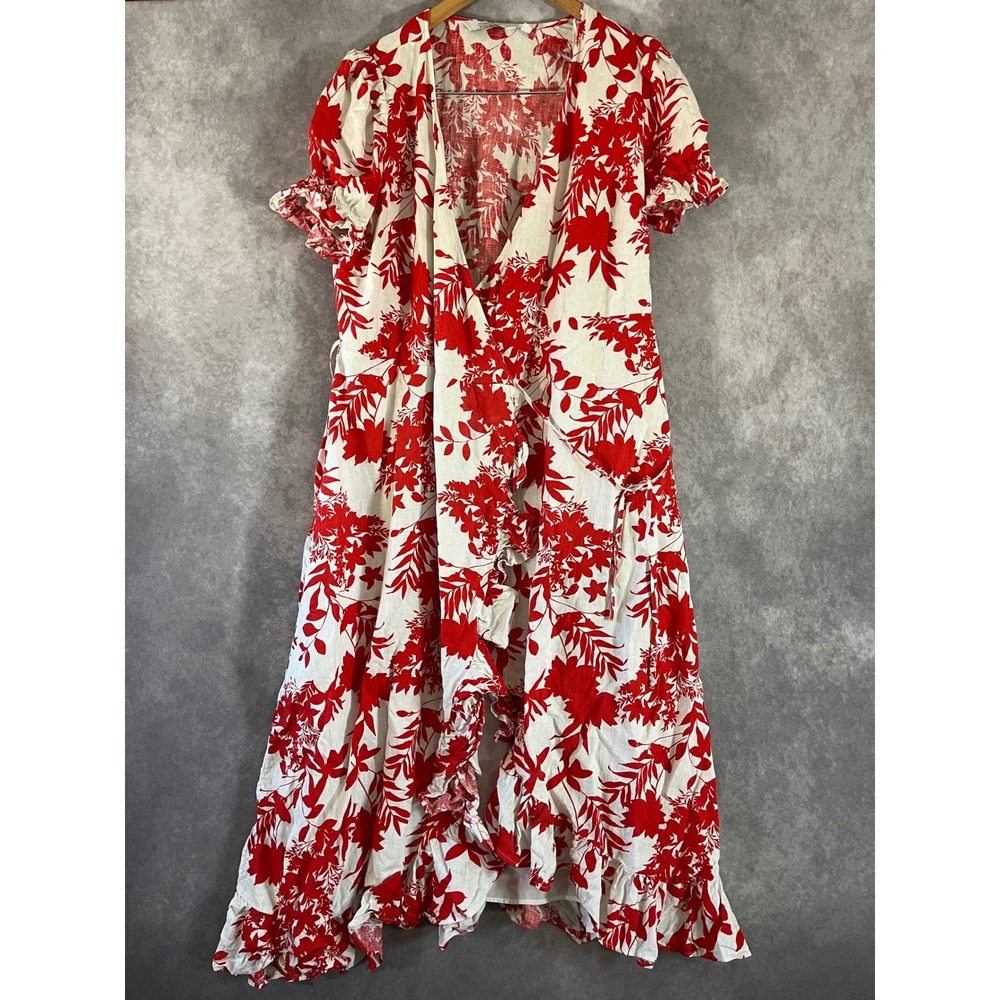 & Other Stories Floral Wrap Maxi Dress Womens 12 Red White Linen Ruffle Puff Slv